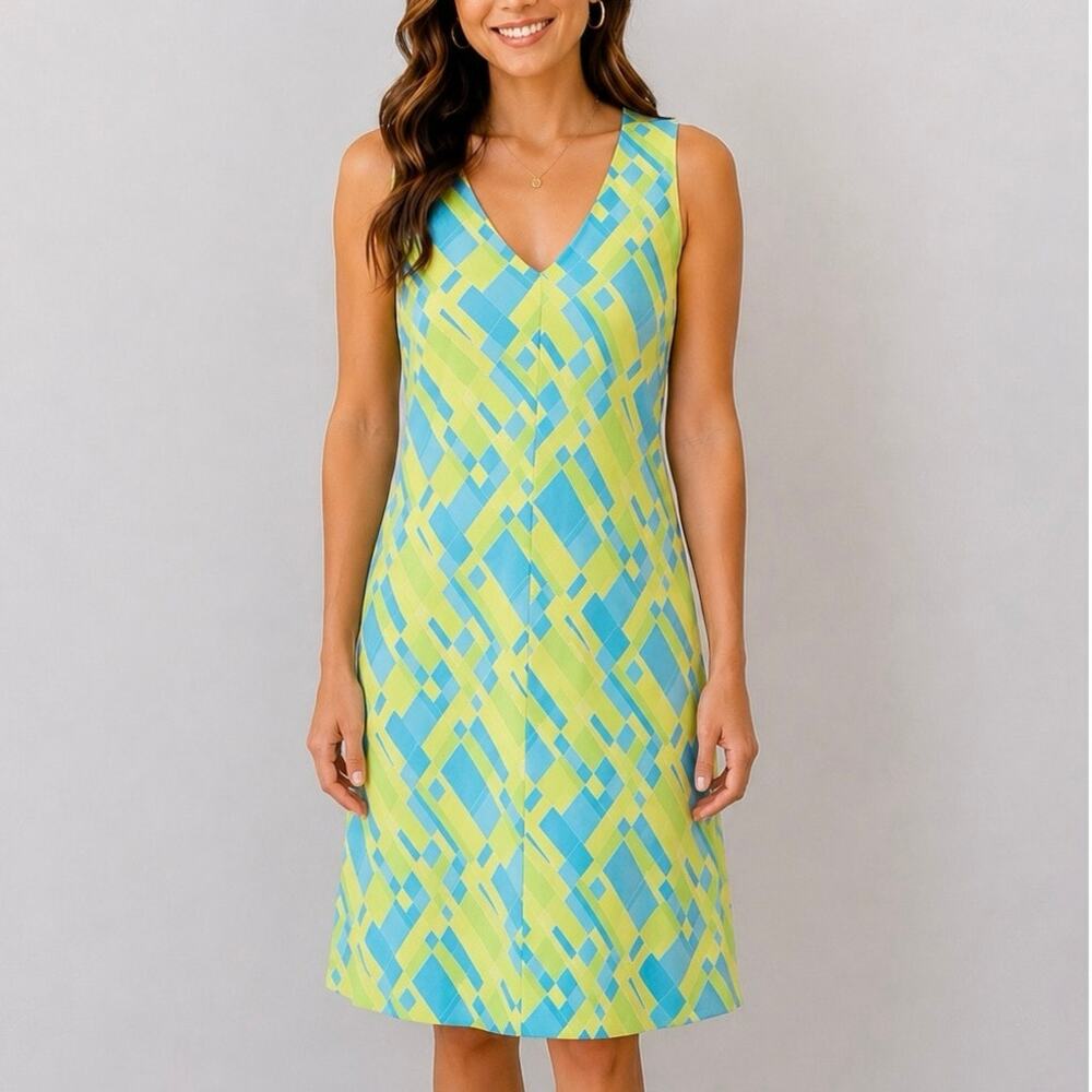 New York & Co. Geometric Print Size Dress 8 Citron Sleeveless V-Neck Mod Retro